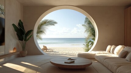Obraz premium Contemporary living space with a circular window, beach view as focal point