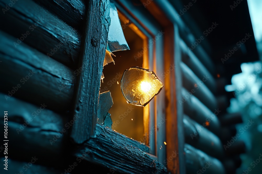 Poster abandoned cabin in the woods with broken windows and dim light, surrounded by mist, capturing the is