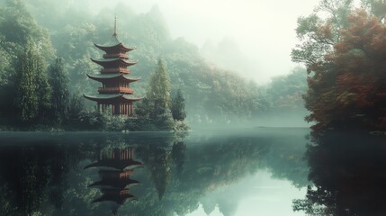 Serene pagoda reflection in tranquil lake surrounded by misty forest.