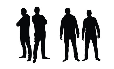 Two Men Standing Shoulder to Shoulder Silhouettes Set. People, relationship and teamwork concept vector art