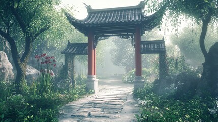 Obraz premium Serene pathway through a tranquil garden with traditional architecture and lush greenery.