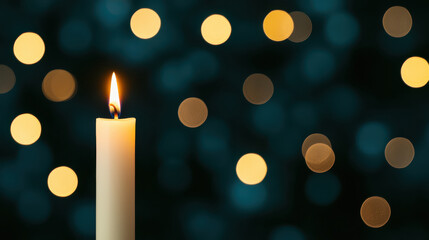 glowing candle stands tall against backdrop of soft, blurred lights, creating warm and inviting atmosphere. flickering flame adds touch of serenity and calmness to scene