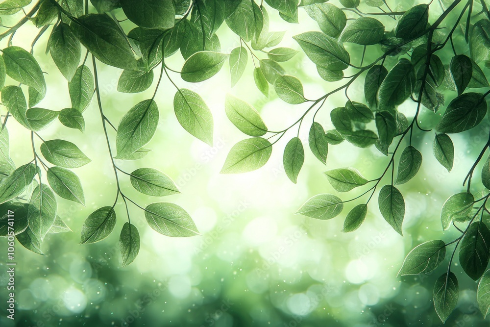 Poster lush green leaves with a bokeh background