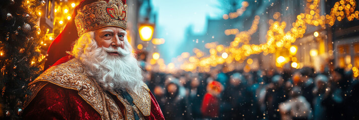 A joyful Saint Nicholas figure in traditional attire with a blurred festive market background, adorned with twinkling lights and snowfall.