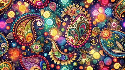Fototapeta premium HandDrawn Colorful Paisley Seamless Pattern with Bokeh Effect for Boho Fashion and Ethnic Design, Ideal for Shawl Prints and Folk Texture Backgrounds
