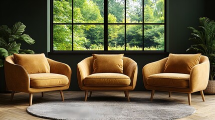 Cozy and modern living room with brown armchairs, dark green wall, wooden decor, and an inviting minimalist feel