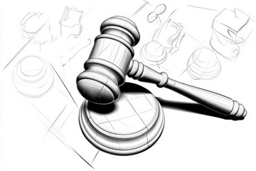 Clean line art of a courtroom setting with gavel and chair, capturing the structure and formality of legal decisions, symbolizing simplicity and integrity