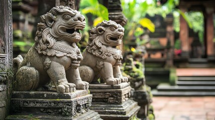 Fototapeta premium Stone lion statues in a lush green garden, representing Balinese culture and heritage.