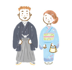和服を着た男女の手描きイラスト