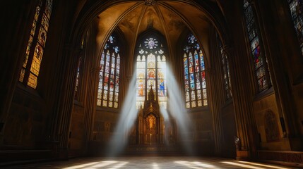 Grand Gothic cathedral with intricate spires and stained glass windows, surrounded by mist, atmospheric lighting