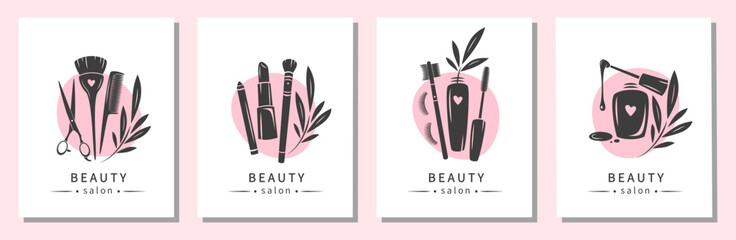 Set of elements and icons for beauty salon. Nail polish, makeup tools, cosmetic brushes, lipstick, eyelash extension, hairdresser tools. Vector illustrations for banner, cover, marketing.