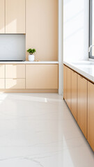 minimalist kitchen with light wood cabinets white marble countertop