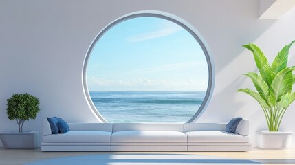 Fototapeta premium Large circular window with ocean view in a stylish living room setting