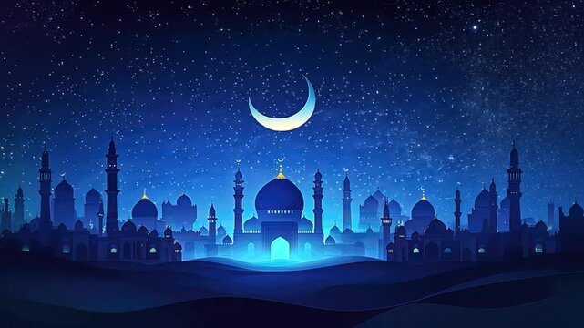 A crescent moon hangs above a silhouette of a city with minarets and domes against a dark blue sky with stars. Seamless looping video background animation. Generated with AI
