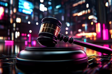 Digital courtroom in a neon-lit cyberpunk city with holographic judge and gavel, symbolizing the advanced, tech-driven side of futuristic justice, capturing authority and vigilance