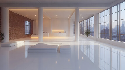 Fototapeta premium Blurry modern office with white decor, open layout, fully furnished with minimalist design, bright and spacious