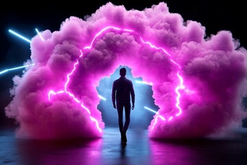Digital shadowy figure emerging from neon-lit fog in a cyberpunk cityscape, capturing the edgy and eerie beauty of horror in high-tech settings, symbolizing fear and energy