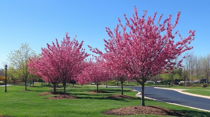 Naklejka premium Lush cherry trees in full bloom, vibrant pink flowers set against a clear blue sky