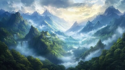 Obraz premium Lush mountains enveloped in fog, creating a captivating and serene scene