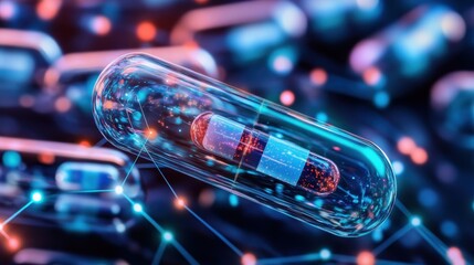 Futuristic Pharmaceutical Capsule with Glowing Particles	