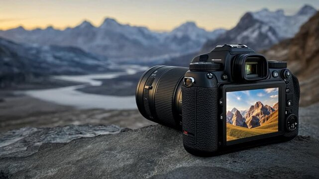 A digital camera with a lens sits on a rocky surface, displaying a scenic mountain landscape on its LCD screen.  The camera is focused on capturing the  beauty of the natural world. Seamless looping v