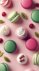 Obraz premium Colorful Macarons with Berries and Nuts on Pink 