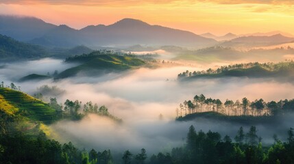 Fototapeta premium Misty mountain landscape at sunrise, soft light enhancing the serene atmosphere