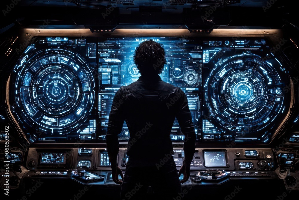 Poster a silhouette of a person standing in front of a futuristic control panel with blue interfaces