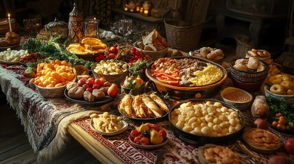 Fototapeta premium A bountiful spread of delicious dishes and fruits on a rustic table, creating a warm and inviting atmosphere.