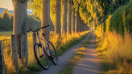 Fototapeta premium Evening Light on a Countryside Lane with Poplar Trees and a Bicycle
