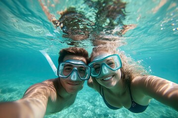 Fototapeta premium Couple Swimming. Underwater selfie with a stick of young excited happy love student couple swimming and enjoying with goggles in the exotic turquoise sea at summer vacation