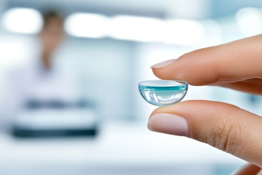 Primer plano de una mano sosteniendo una lente de contacto transparente en un entorno de cl&iacute;nica o consultorio &oacute;ptico desenfocado. La imagen simboliza precisi&oacute;n y cuidado en el &aacute;rea de salud visual.

