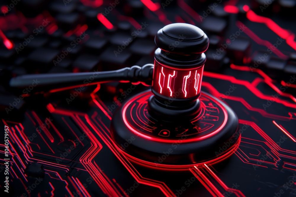 Aufkleber Futuristic holographic gavel descending with a digital display of â€˜Verdict,â€™ symbolizing the modernized, authoritative nature of future legal decisions, capturing innovation and finality