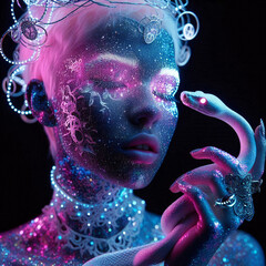 Luxury fashion style photo. Beautiful woman with a snake. Book magazine creative concept cover photography
