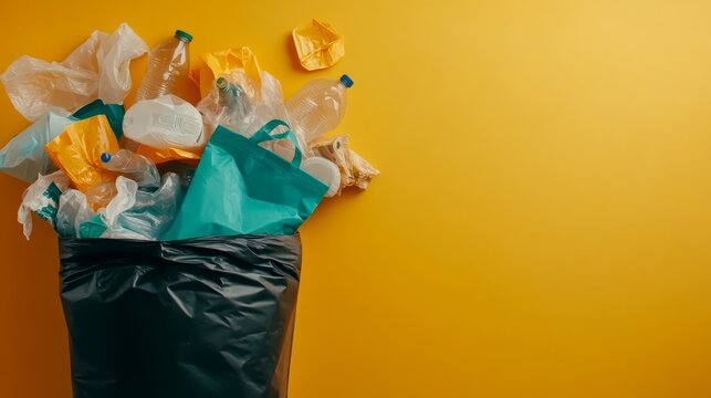  Bolsa de basura llena de botellas de pl&aacute;stico y otros residuos sobre fondo amarillo. Representa el problema de la contaminaci&oacute;n y la necesidad de reciclaje.

