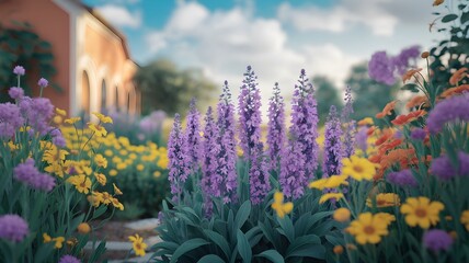 A vibrant display of colorful flowers in full bloom, featuring striking purple delphiniums and cheerful yellow daisies against a picturesque backdrop, creating a joyful and serene atmosphere