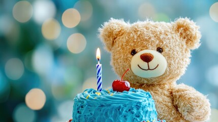 Smiling teddy bear with blue cake and cherry-topped candle, perfect for birthday wishes