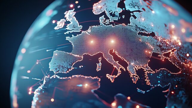  Primer plano de Europa en una representaci&oacute;n digital de conexiones, donde las luces y las l&iacute;neas de datos destacan las principales ciudades y rutas de comunicaci&oacute;n. La imagen ilustra el concepto de i