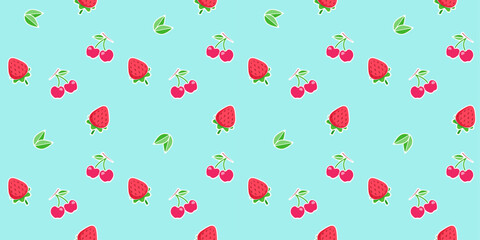 Pink cherries and red strawberries with leafs on sky blue background. Pastel colors cute beriies seamless pattern to print on wallpaper, pajamas, fabric, gift bag. Summer and spring colors.