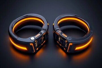 High-tech handcuffs with neon accents and digital interface for locking, capturing the structured, futuristic approach to restraint tools, symbolizing innovation and security