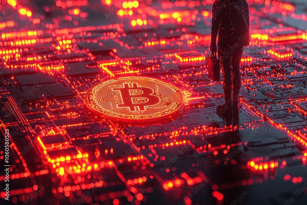 Poster a glowing bitcoin coin on a circuit board with a dark figure standing nearby