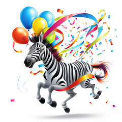 A joyful zebra celebrating with colorful balloons and vibrant streamers at a festive event