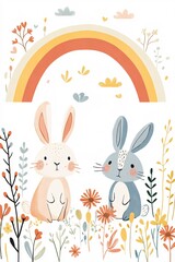 Two playful bunnies sit among colorful flowers beneath a vibrant rainbow creating a whimsical nature scene full of joy and serenity