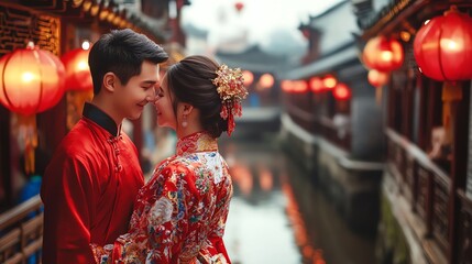 Obraz premium A romantic couple in traditional clothing, surrounded by lanterns, capturing love in an ancient setting.