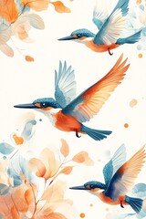 Obraz premium Colorful kingfishers gracefully soar through a vibrant floral landscape showcasing nature's beauty and serenity in every flap of their wings