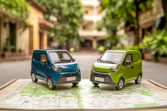   Dos coches miniatura en un mapa de ciudad, representando conceptos de navegaci&oacute;n, movilidad urbana y planificaci&oacute;n de rutas.

