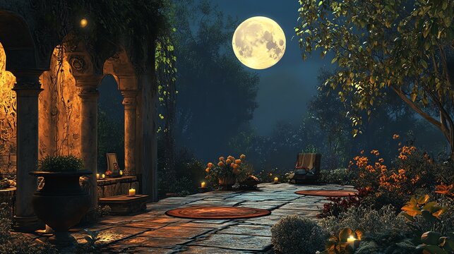 A serene moonlit garden with lush plants and cozy stone pathways, creating a mystical and enchanting atmosphere.