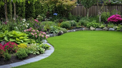 Obraz premium Well-maintained back garden with a variety of plants, flowers, and decorative features