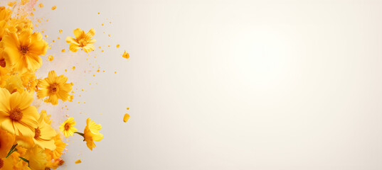 Abstract empty beige frame background with yellow flowers on left side. Minimal creative concept of romantic card or banner. Copy space