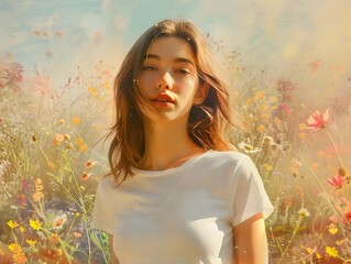 Fashionable Woman in White Tee Stands Amidst Vibrant Wildflowers in Sunlit Field